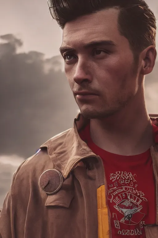 Image similar to very detailed portrait man using a soviet-era jacket with his arm up, splash art, movie still, cinematic lighting, dramatic, octane render, long lens, shallow depth of field, bokeh, anamorphic lens flare, 8k, hyper detailed, 35mm film grain