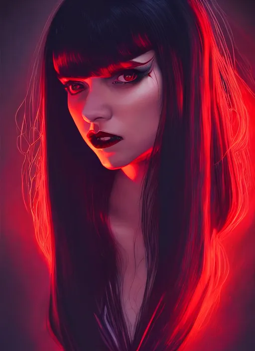 Image similar to portrait of vampire veronica lodge with bangs, vampire fangs, vampire, long hair, red clothes, bangs, vampironica, intricate, elegant, glowing lights, highly detailed, digital painting, artstation, concept art, smooth, sharp focus, illustration, art by wlop, mars ravelo and greg rutkowski