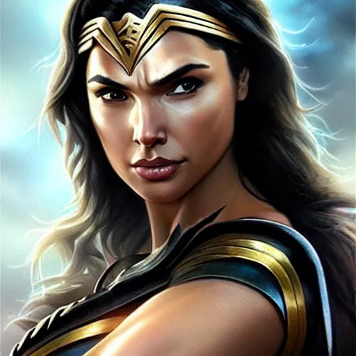 Image similar to gal gadot as wonder woman. beautiful painting by artgerm and greg rutkowski and raymond swanland. face closeup.