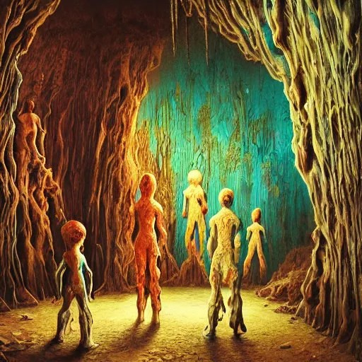 Prompt: painting of a creepy family wearing body armor, intercrossed humans, mixed animal, in a beautiful crystal caverine, by giger, zdzislaw beksinski, frank frazette, cold hue's, amazing colorful background, digital art, concept art, animal painting, beautiful composition 3 - d 4 k,