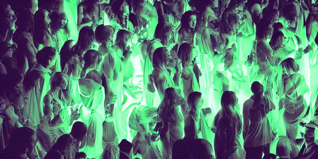 Image similar to love, overlays superposition of groups of people with glowing bodies, from behind, rebirth, wide angle, cinematic atmosphere, elaborate, highly detailed, vivid colors, dramatic lighting