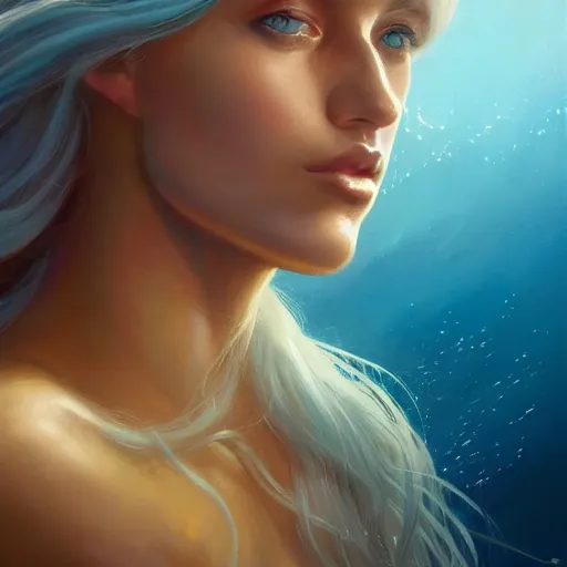 Prompt: beautiful portrait of a mystical blonde haired goddess of the sea wearing long blue gold water robes rising up from the deep blue waves, oil painting by Greg Rutkowski and Charlie Bowater and Artgerm, unreal 5, DAZ, RPG Portrait, trending on artstation, dynamic lighting, misty, ocean, blue theme, afternoon light