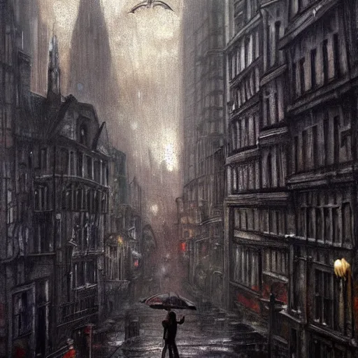 Prompt: A harrowing giant abomination stalks a gothic city, painting, dramatic lighting, raining