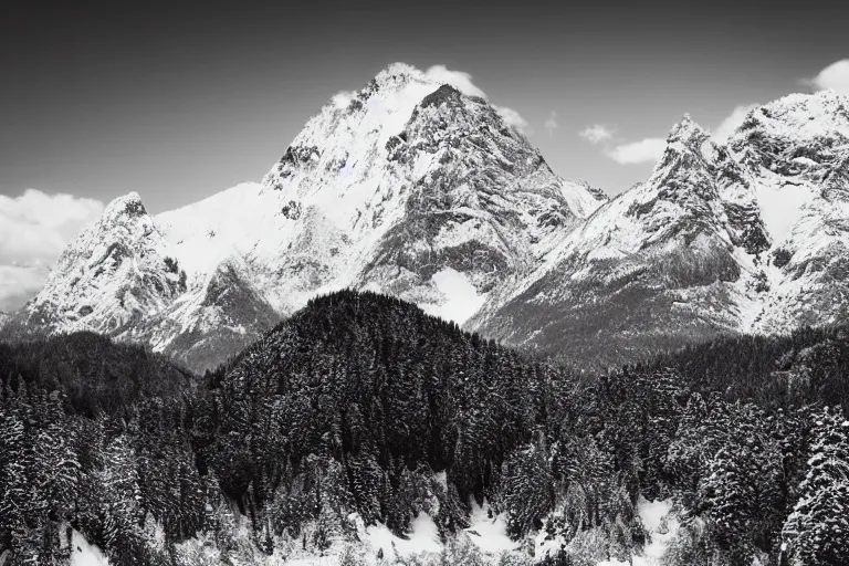 Image similar to distant dinosaur in a valley, huge snowy peaks, in the style of ansel adams, black and white, old, master photography