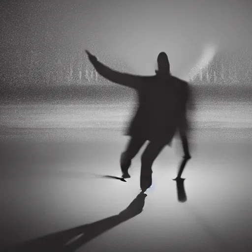 Prompt: an abstract photograph of a lonely male shadowy figure, he is dancing, there is a dark street with lanterns reflected on the ground, everything is underwater, long exposure, 35mm, black-and-white