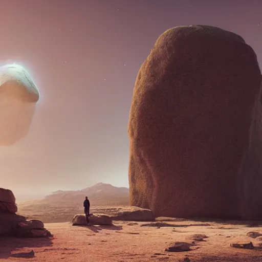 Prompt: a man standing in front of a giant rock, a matte painting by mike winkelmann, cgsociety, fantasy art, matte painting, matte drawing, cryengine