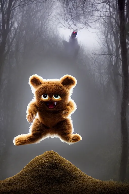 Image similar to A little furry cute monster is excited jumping over a mound in a misty forest, 4k, 8k