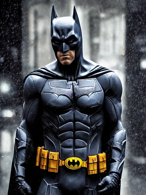 Prompt: film still, ryan reynolds as batman, maskless!!!, hyperrealism, moody lighting, rain, intricate, 8 k