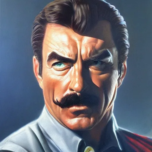 Image similar to ultra realistic portrait painting of tom selleck as lord voldemort, art by frank frazetta, 4 k, ultra realistic, highly detailed, epic lighting