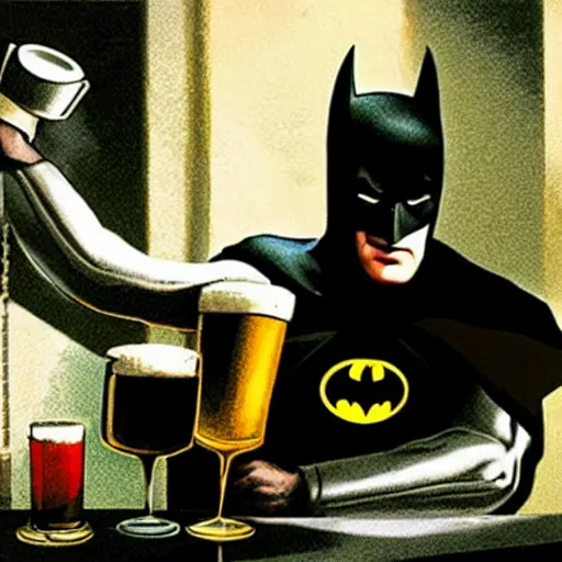 Prompt: photo of batman pouring a pint for a horse aggressively