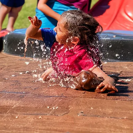 Prompt: kid sliding down chocolate pudding head first, slip n slide, photo taken at the park