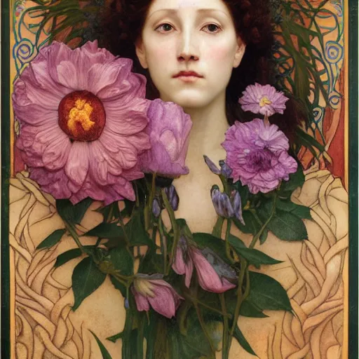 Image similar to queen of flowers, by annie swynnerton and charlie bowater and william - adolphe bouguereau, nicholas roerich and jean delville and evelyn de morgan, dramatic lighting, floral tattoos, rich colors, smooth sharp focus, extremely detailed, donato giancola, adolf wolfli