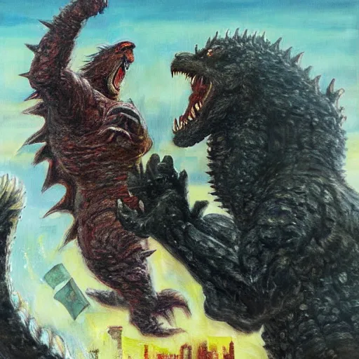 Prompt: Joe Biden fighting Godzilla in medieval times, oil painting, hd, detailed, artistic, President Joe Biden