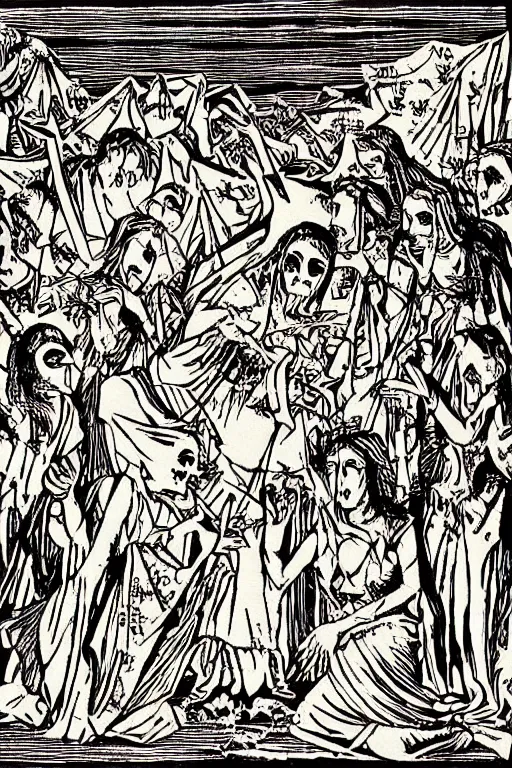 Prompt: a beautiful woodcut print of walpurgisnacht, 8 k, by vladimir zimikov