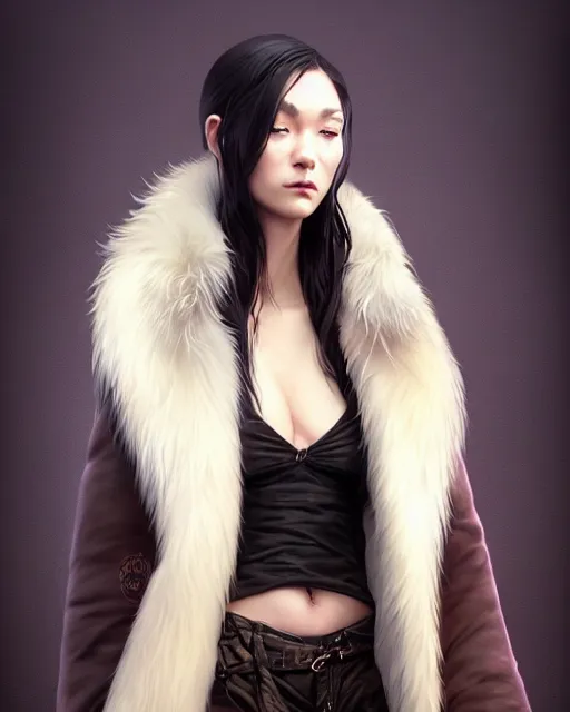 Image similar to fur - lined dragonhide jacket!!! beautiful and elegant female!! gorgeous ayes!! character concept art, sharp focus, illustration, artgerm!! greg rutkowski! wlop!! ilya kuvshinov!! charlie bowater! octane render! unreal engine 5! highly rendered!! trending on artstation!! cgi vfx!