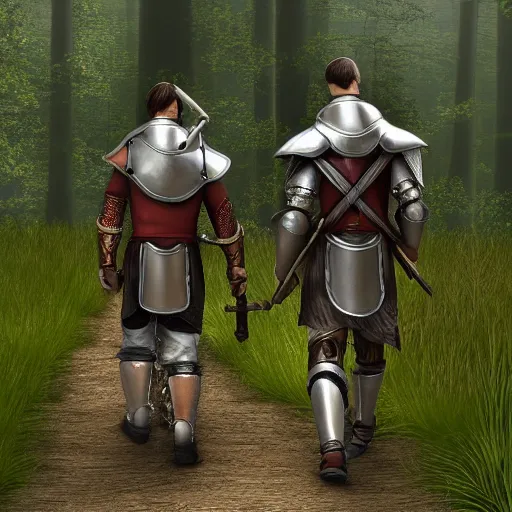 Prompt: Knight Theo is all in iron armor and his squire, who only has a spear and a huge bag of supplies, are walking along a forest path. Beautiful style, very detailed