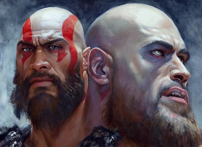 Image similar to a highly detailed beautiful portrait of the rock as kratos, by gregory manchess, james gurney, james jean