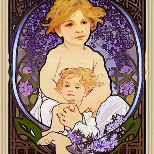 Prompt: art nouveau painting by Alphonse Mucha of a little boy with blonde hair and a round cherubic face. The painting is framed by flowers. Soft, muted colors, dreamy aesthetic.