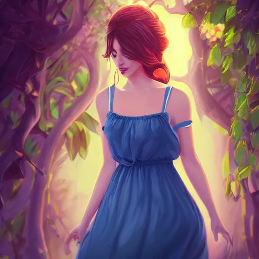 Image similar to beautiful young woman in a sundress, trending on artstation, intricate details, in the style of samdoesarts and rossdraws, hyperrealistic, 4 k, dynamic lighting