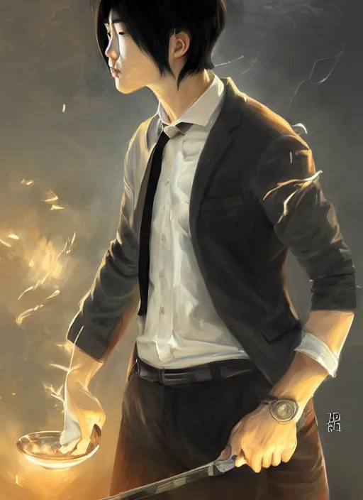 Image similar to a highly detailed illustration of attractive korean man with bowl cut black hair wearing shirt and tie, wielding giant black mist claws pose, tired expression, black mist surrounding background, intricate, elegant, highly detailed, centered, digital painting, artstation, concept art, smooth, sharp focus, league of legends concept art, wlop.