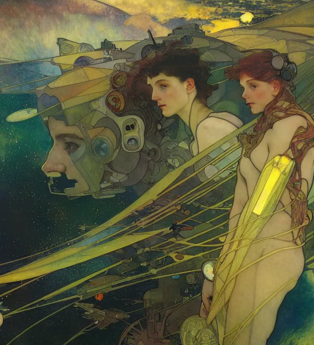 Prompt: spaceship war in the ocean planet, solarpunk style,, by egon shiele and alphonse mucha, with influence of jeremy mann, peter lindbergh, dave mckean, maurice sapiro, and frank moth, soft lightning, highly detailed, 8 k