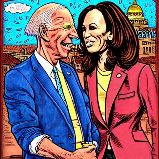 Image similar to The Artwork of R. Crumb and his Cheap Suit - Joe Biden and Kamala Harris, pencil and colored marker artwork, trailer-trash lifestyle