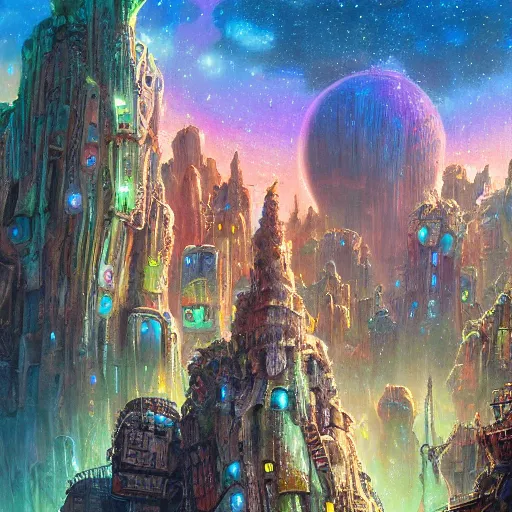 Image similar to dense alien city on ancient post - apocalyptic planet, jim henson creature shop, vivid and colorful, thomas kincaid, cinematic, oil painting, highly detailed, illustration