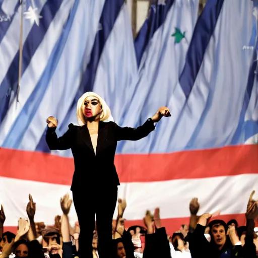 Image similar to Lady Gaga as president, Argentina presidential rally, Argentine flags behind, bokeh, giving a speech, detailed face, Argentina