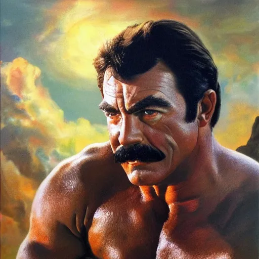 Prompt: ultra realistic portrait painting of tom selleck as the rock, art by frank frazetta, 4 k, ultra realistic, highly detailed, epic lighting