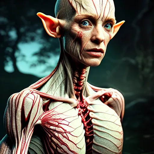 Prompt: female elf with translucent skin, visible muscles and veins and arteries and bones and spine and nerves, beautiful detailed intricate insanely detailed octane render, 8K artistic photography, photorealistic, chiaroscuro, by David Cronenberg, Raphael, Caravaggio