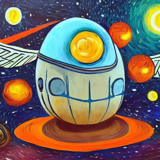 Image similar to painting of space ship in orbit around a planet, detailed, egg, colorful, shell, carapace, insect, bug, beatle, van gogh, hollow knight