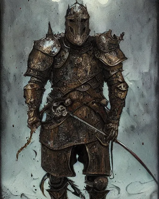 Image similar to a hyper realistic painting of a knight in armor made out of rotting metal, pale colors, fog, dark fantasy, cinematic lighting, nighttime, by rebecca guay