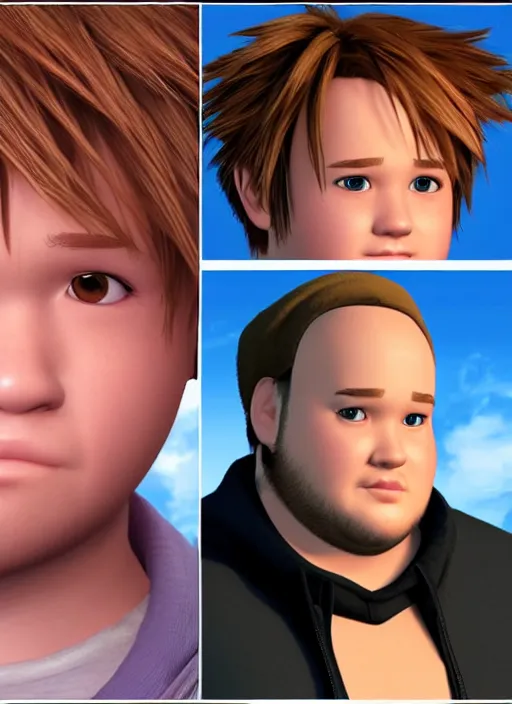 Prompt: fat old balding haley joel osment realistic sora from kingdom hearts