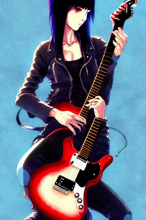 Image similar to wide view of a dark haired rock chick with guitar. Sharp fine face playing guitar, pretty face, realistic shaded Perfect face, fine details. Anime. by makoto sinkai, katsuhiro otomo ghost in the shell movie scene, magali villeneuve, artgerm, rutkowski