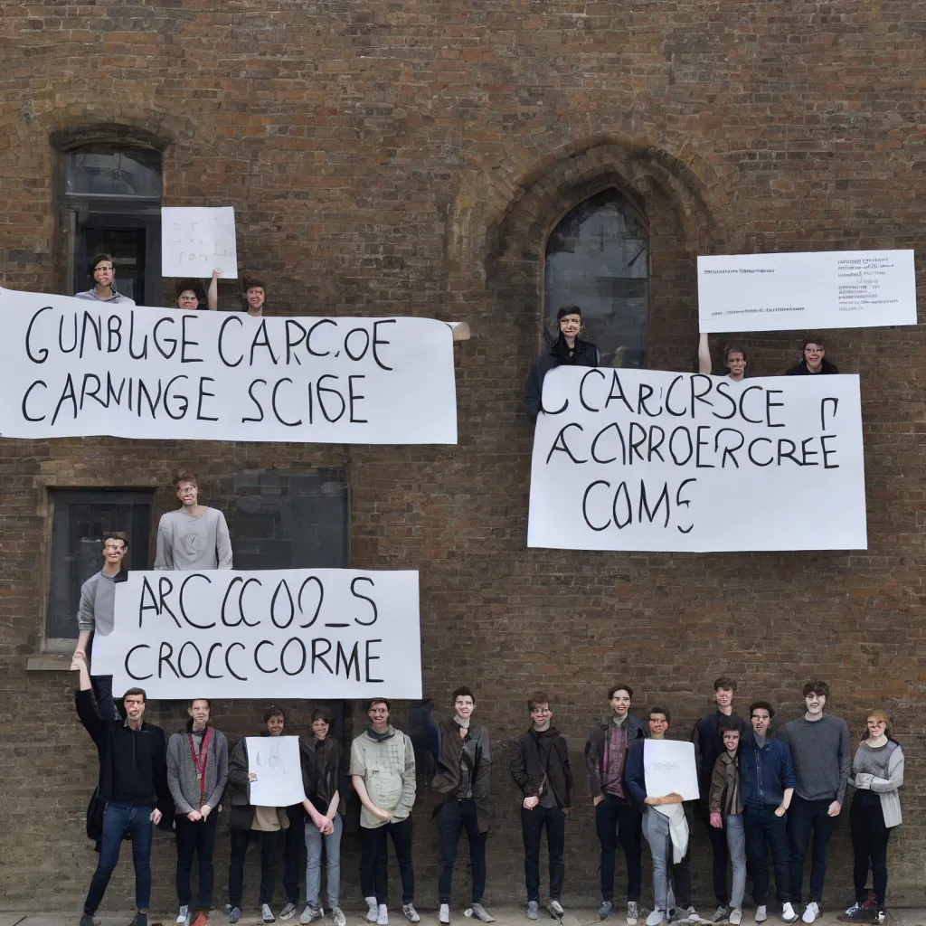 Image similar to a group of students stand in front of the cambridge architecture studio by mole architects, holding a sign with the words ARCSOC 2022–23