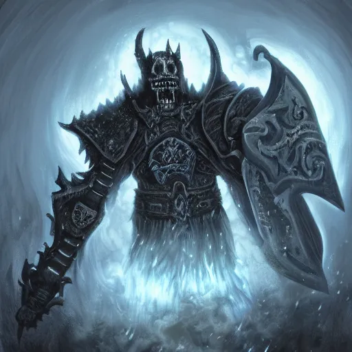 Image similar to digitail painting of the lich king wearing an armor ornated with skulls and bones, dark fantasy, dramatic scene, dramatic lights