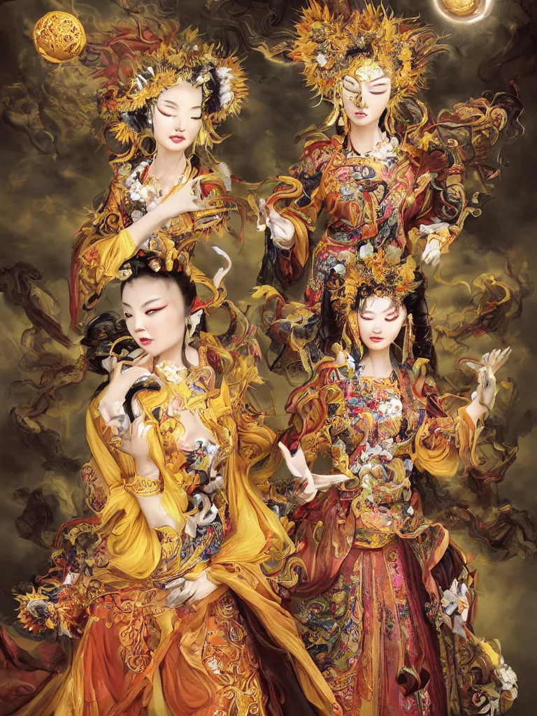 Prompt: Character portrait of the Sunflower Goddess, a Chinese female deity who brings joy and light. Insanely nice professional hair style, dramatic hair color, digital painting of a old 17th century, amber jewels, baroque, ornate clothing, sci-fi, dark smoke background, flames, very realistic, chiaroscuro, art by Franz Hals and Jon Foster and Ayami Kojima and Amano and Karol Bal.