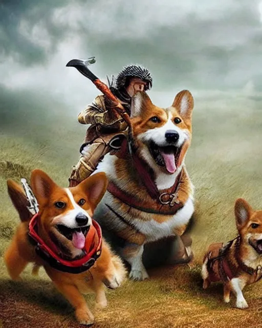 Image similar to photos of warriors riding happy looking corgi dogs into battle, photorealistic, cinematic, in the style of peter jackson