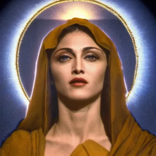 Image similar to stunning awe inspiring madonna as the female jesus christ, movie still 8 k hdr atmospheric lighting