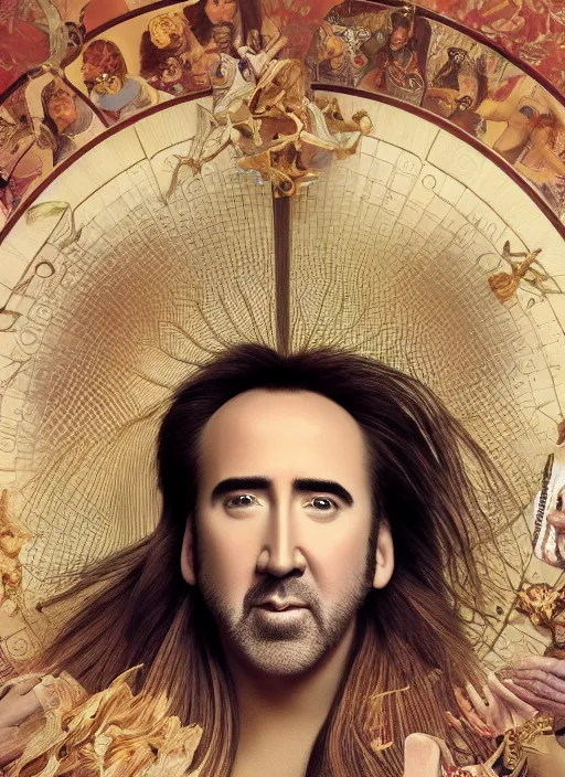 Image similar to pantene advertisement photography of nicolas cage by mucha, extremely coherent, sharp focus, elegant, render, octane, detailed, award winning photography, masterpiece, rim lit