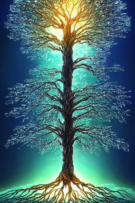 Prompt: stunning tree of life a system based robot neuron field of light, 8 k resolution concept art photorealism acrylic art back lit horde 3 d beautiful retro detailed painting, studio ghibli