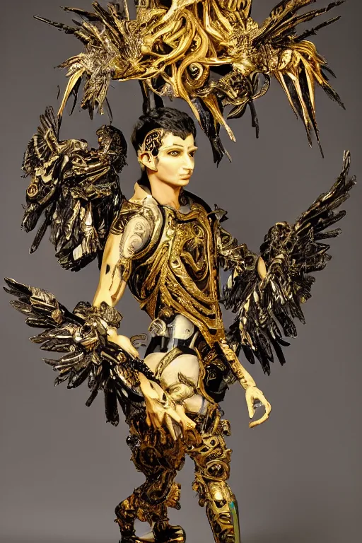 Image similar to full-body baroque and cyberpunk style sculpture of a young handsome Latino prince as a half cibernetic android running low on battery, alert glowing, laser beam eyes, crown of giant diamonds, flowing neon-colored silk, fabric, raptors. baroque elements. full-length view. baroque element. intricate artwork by caravaggio. many many birds birds on background. Trending on artstation, octane render, cinematic lighting from the right, hyper realism, octane render, 8k, depth of field, 3D