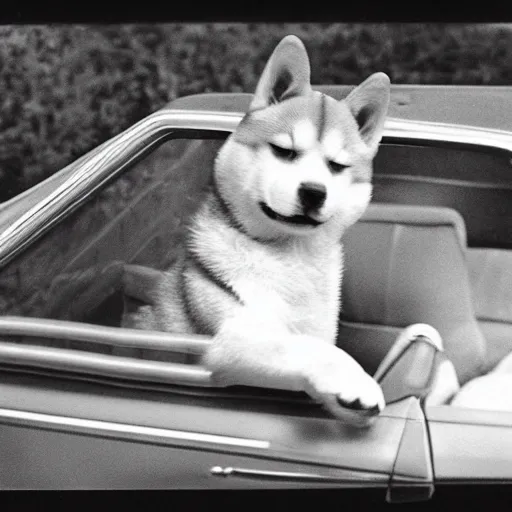 Image similar to cartoon of a shiba inu driving a car, 1977 picture, polaroid, nostalgic feeling