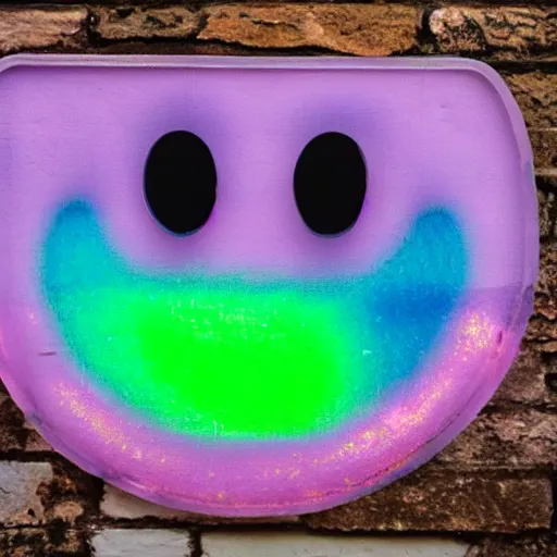 Image similar to a pastel colour Polaroid photo of large smiley face sign made of transparent iridescent perspex stood in a field, nostalgic