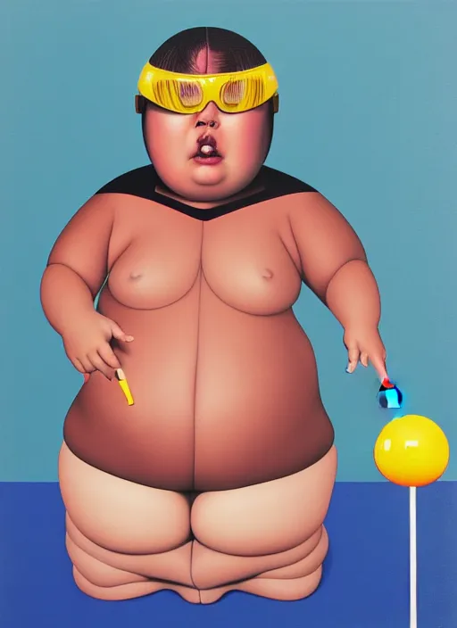 Prompt: portrait of a cute fat girl with red eyes and brown skin and pale, holding a lollipop made of glass, surreal in a racing helmet by shusei nagaoka kaws, david rudnick, airbrush on canvas, pastell colors, cell shaded 8 k