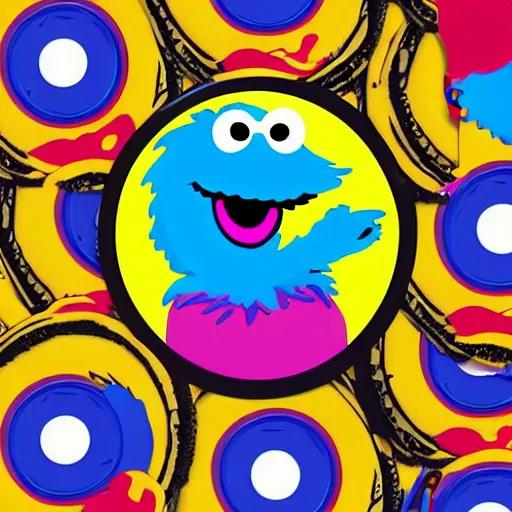 Image similar to Sesame Street Cookie Monster, Headphones, Disc-Jockeying, DJ, spinning records, Psychedelic, Cyberpunk, svg digital art, full body, from a slight distance