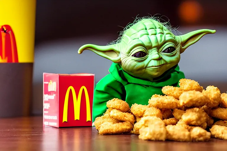 Prompt: yoda, annoyed, yoda sitting behind a table inside mcdonald's, small red cardboard box on table, yellow m logo on box, chicken nuggets 3 5 mm, f / 2. 8