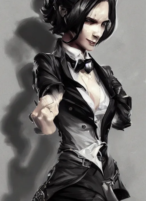 Prompt: a highly detailed illustration of beautiful short black messy haired woman wearing eyepatch!!! and noir style suit and tie, dramatic smiling pose, intricate, elegant, highly detailed, centered, digital painting, artstation, concept art, smooth, sharp focus, league of legends concept art, WLOP