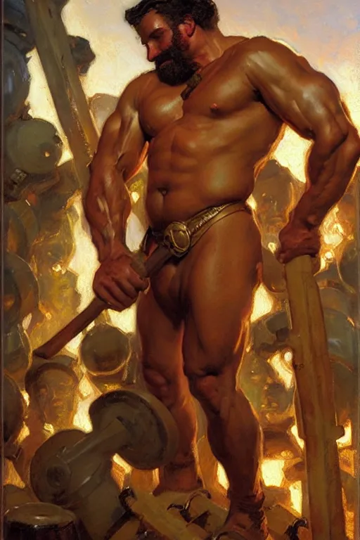 Image similar to muscular hephaestus working at his forge painting by gaston bussiere, craig mullins, j. c. leyendecker, tom of finland