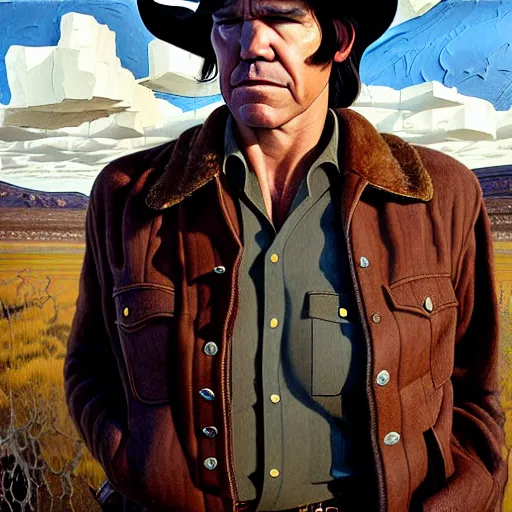 Prompt: portrait of josh brolin as llewelyn moss in no country for old men. 7 0 s cowboy clothes and environment. flat colours. oil painting by lucian freud. path traced, highly detailed, high quality, j. c. leyendecker, drew struzan tomasz alen kopera, peter mohrbacher, donato giancola